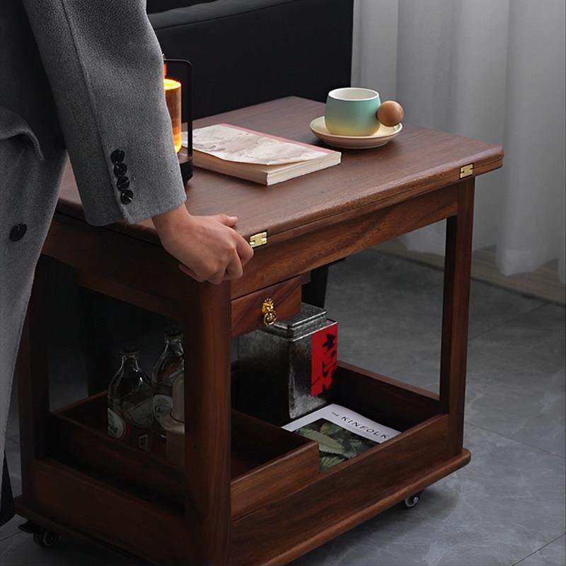 黑胡桃木实木移动茶几可移动折叠两用餐桌小户型客厅沙发边几茶桌