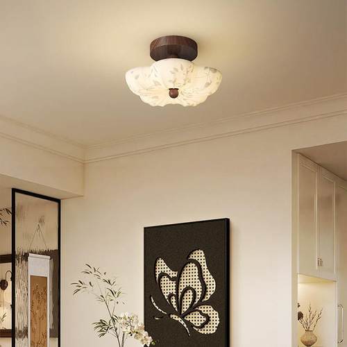 宋代美学走道吸顶灯中古风布艺花朵书房灯覆古新中式过道玄关灯具