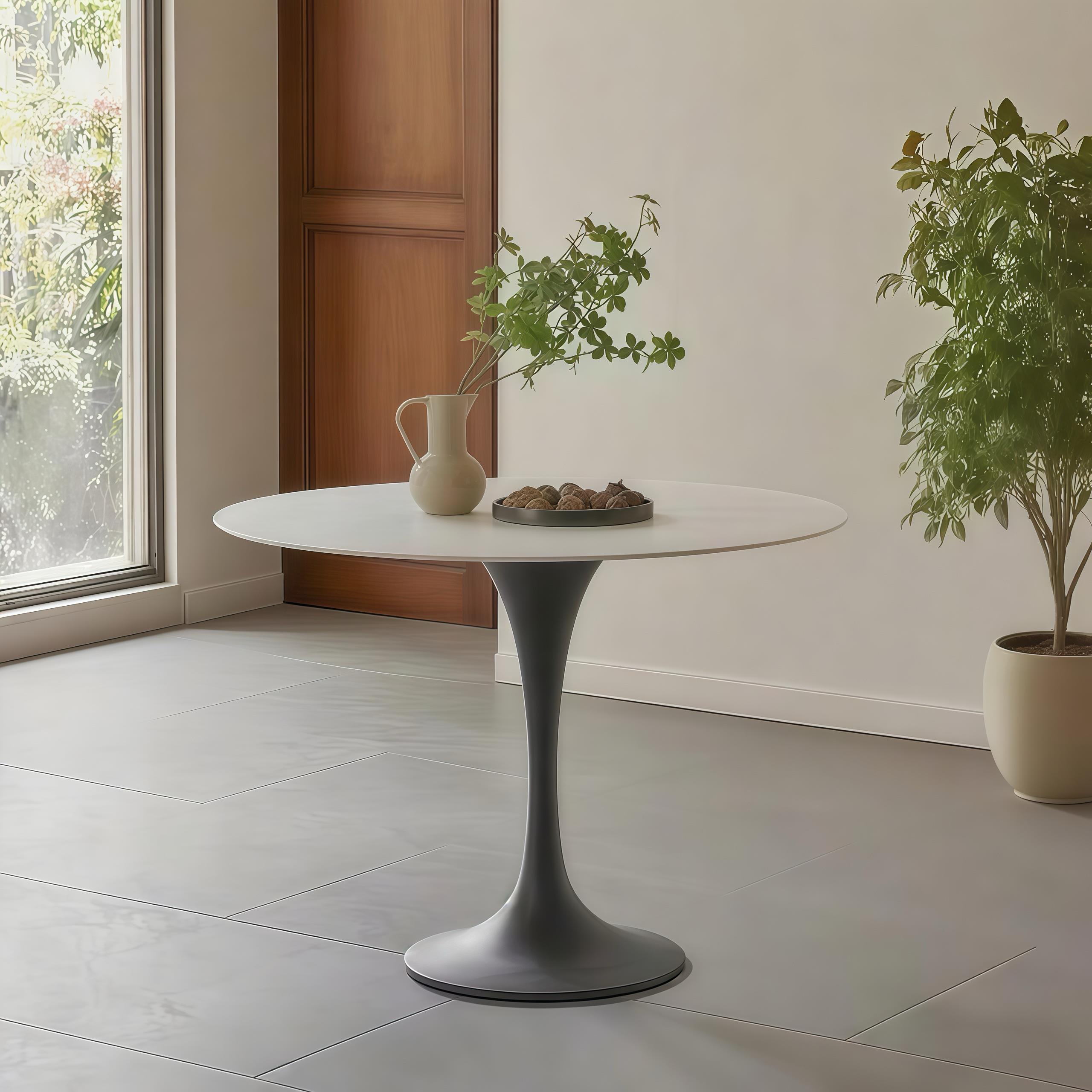 岩板不锈钢洽谈桌阳台休闲接待咖啡奶茶店餐桌郁金香喇叭桌腿圆桌