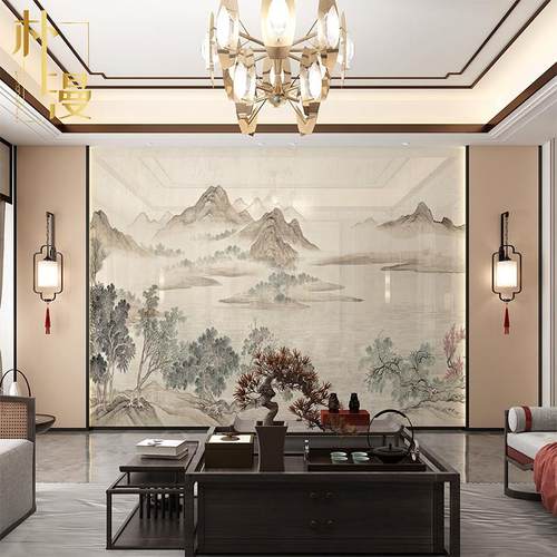 定制3d新中式水墨山水画竹木纤维电视背景墙集成墙板办公室碳晶板
