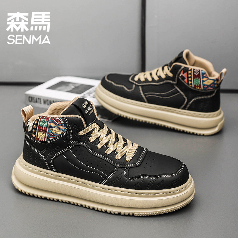 森马男高帮黑色厚底增高板鞋