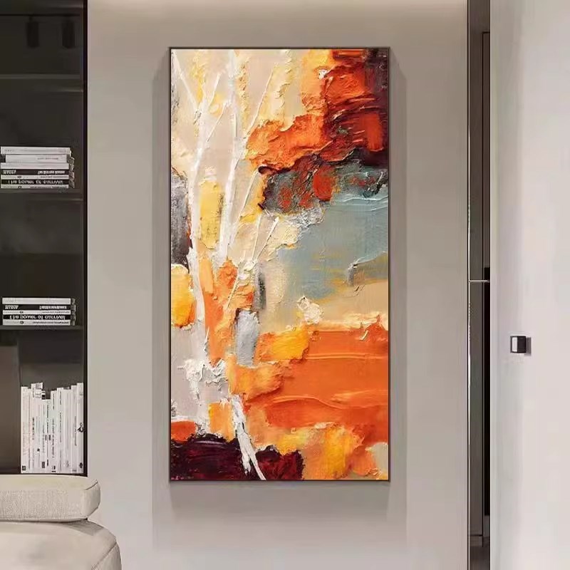 HO手绘油画肌理色块装饰画入户玄关壁画竖版大气艺术抽象橙色挂画图片