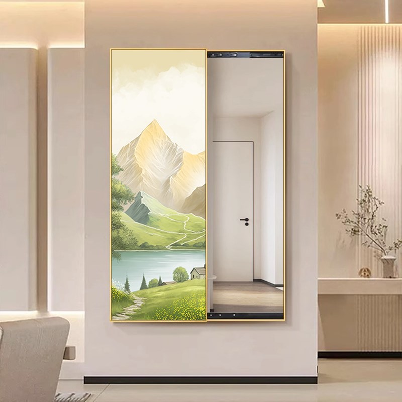 现代简约入户玄关装饰画推拉暗藏式可关闭镜子壁画卧室试衣镜挂画