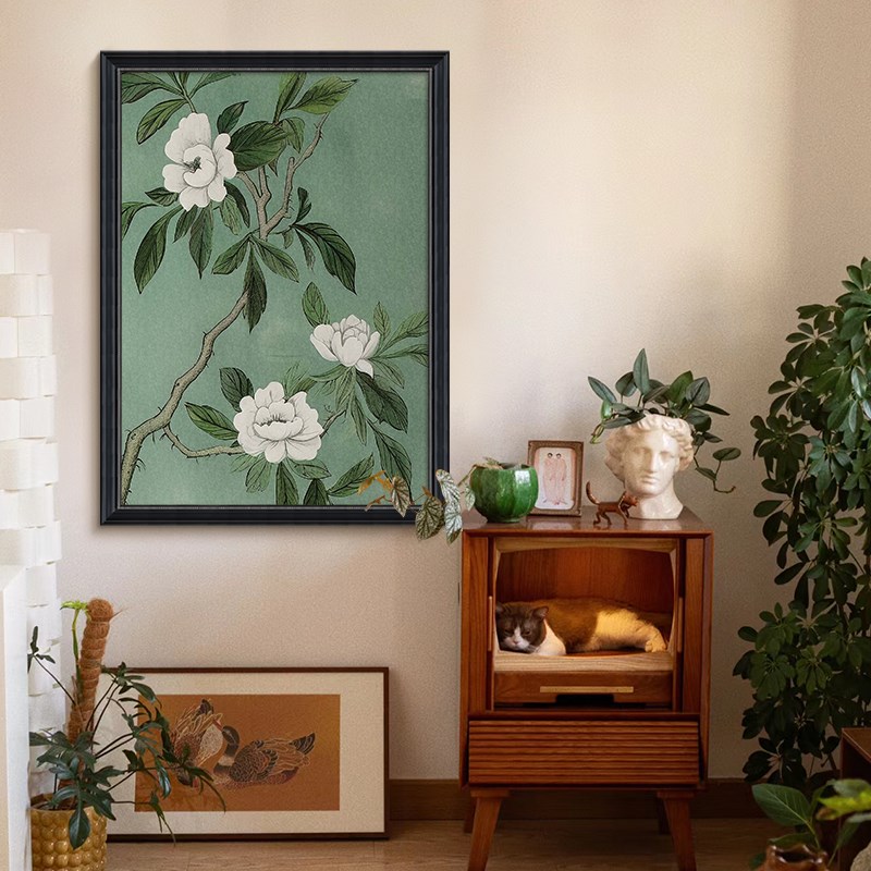 新中式植物白色花卉客厅装饰画绿色中古风纯手绘油画玄关卧室挂画图片