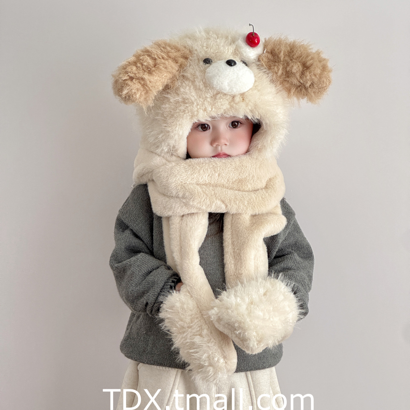 儿童帽子围巾手套三件套秋冬季加厚熊耳朵防风保暖户外宝宝护耳帽