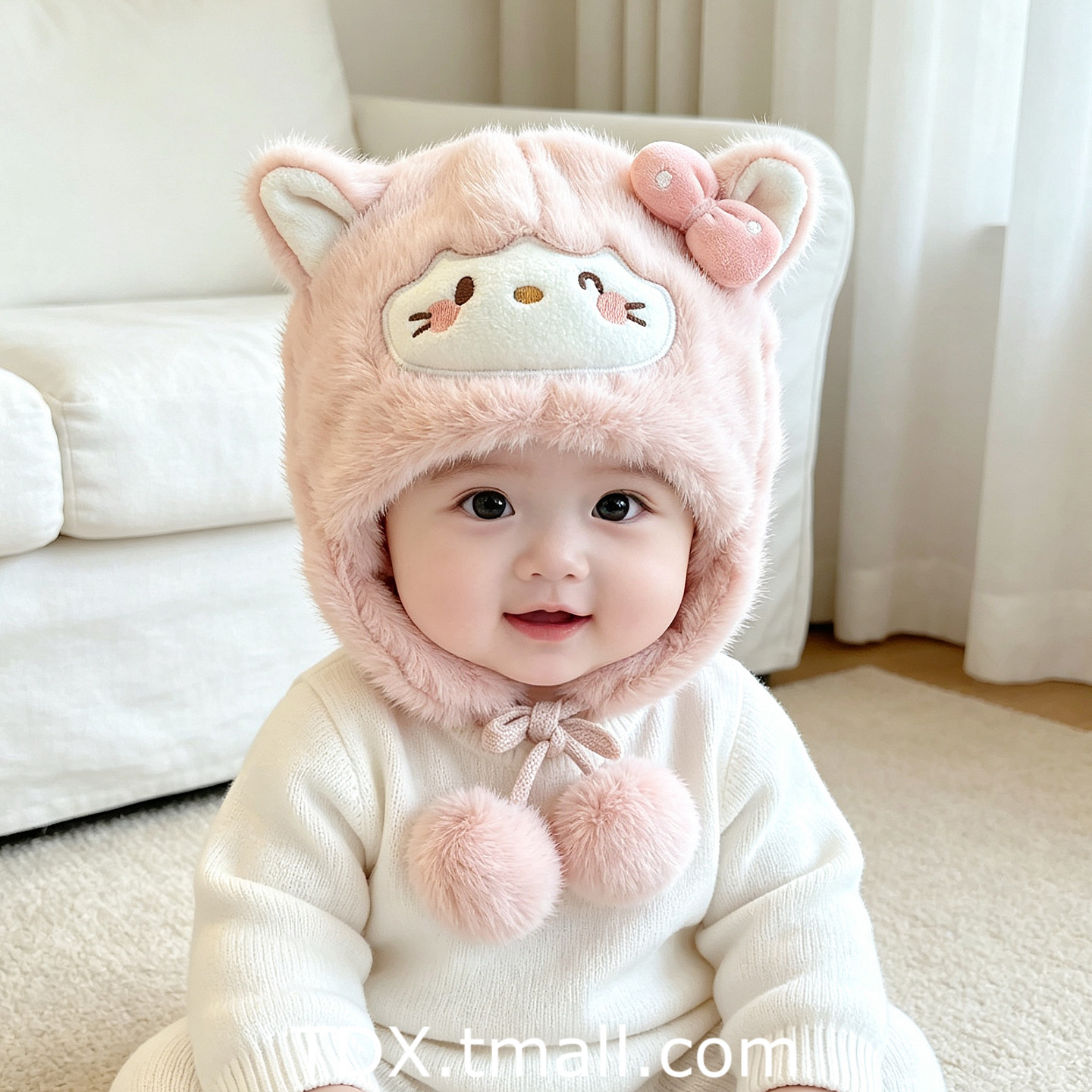 韩版婴儿帽子女童秋冬季可爱小猫保暖毛绒护耳帽外出防风宝宝帽子