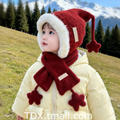 宝宝帽子围巾套装 秋冬韩系贴标星星儿童保暖护耳帽红色婴儿精灵帽