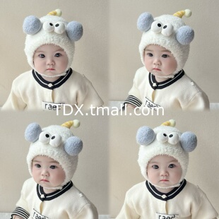 宝宝护耳帽秋冬季可爱小角眼睛男女儿童保暖防风毛绒帽婴儿套头帽