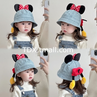 宝宝渔夫帽春秋季可爱耳朵蝴蝶结女童遮阳牛仔帽秋冬婴儿防风盆帽