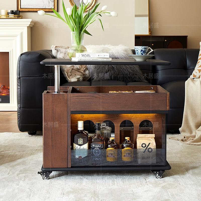 橡木户型小推车红茶几升降边可法式实木客厅几折叠复古风沙发移动