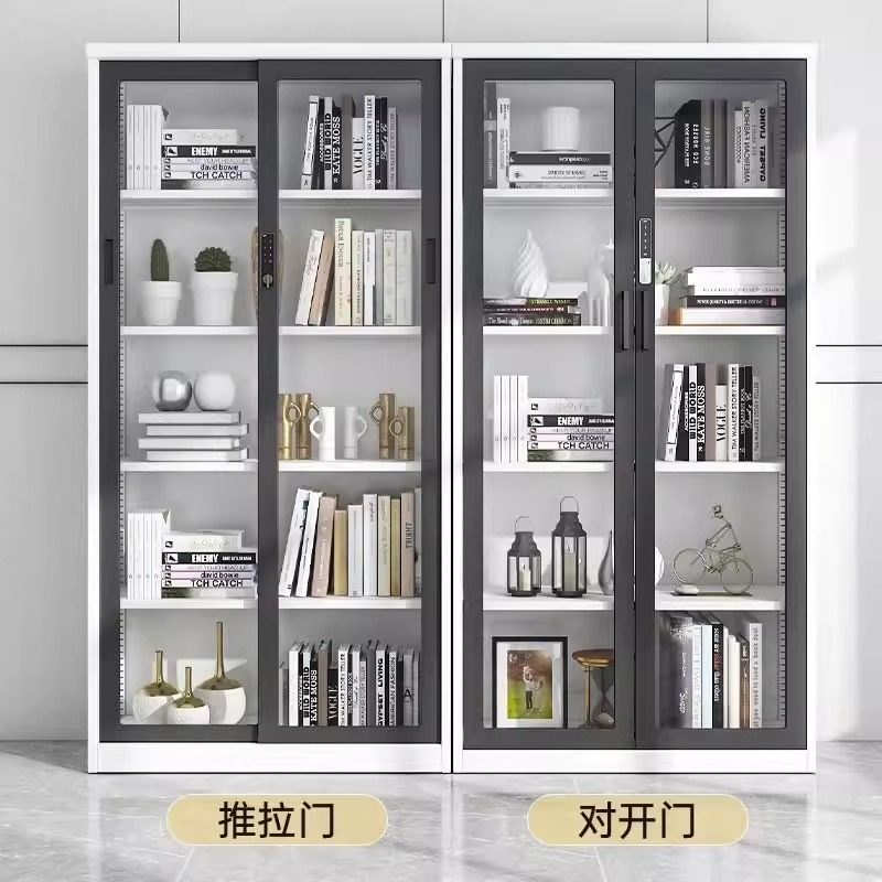 对开玻璃门书柜移门储物柜带顶柜家用展示柜客厅钢制带锁儿童书柜