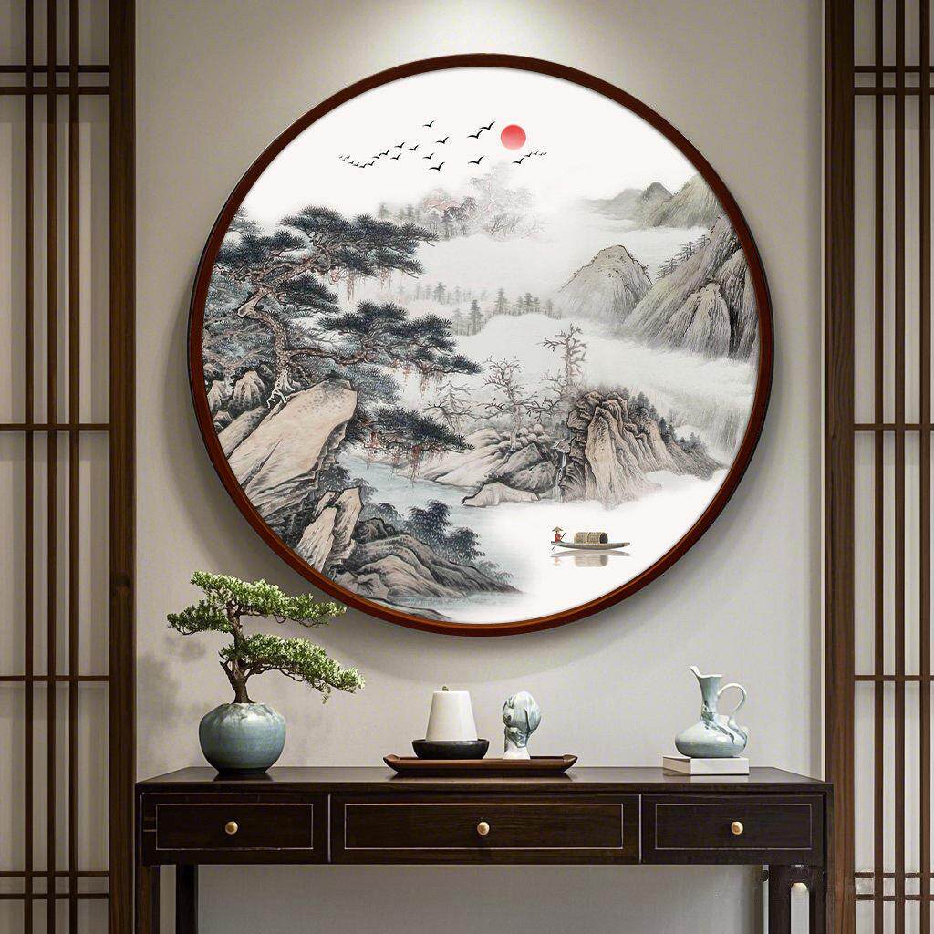 圆形装饰画办公室靠山挂画新中式茶室山水风景客厅玄关背景墙壁画
