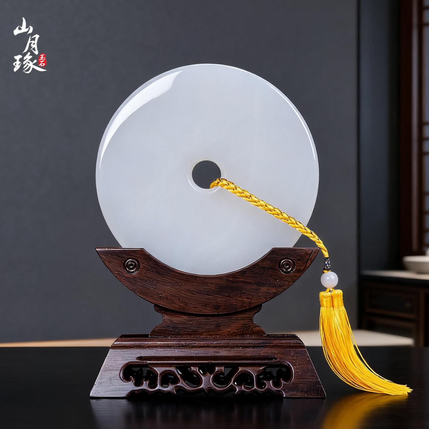天然白玉石平安扣办公桌玉壁摆件招财乔迁新居高档商务创意和氏璧