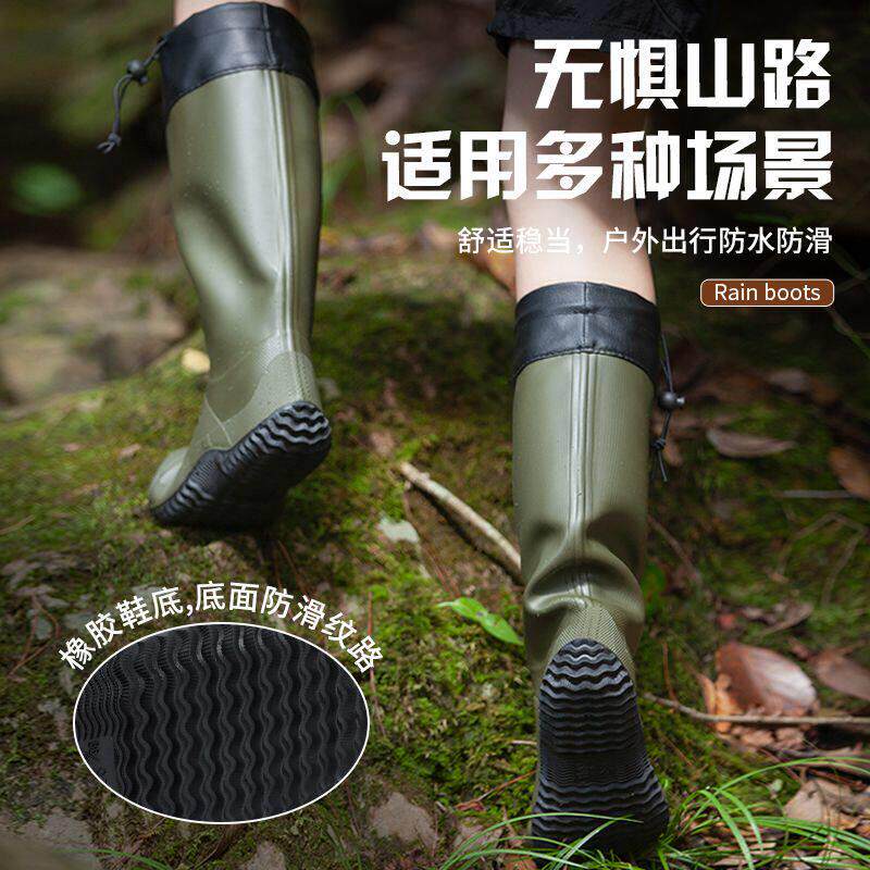 防滑雨鞋登山靴软胶可折叠可携式高筒水鞋可携带防水厚底户外钓鱼