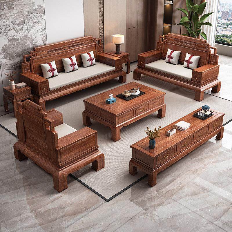 2025年新款实木沙发新古典别墅中式客厅坐垫一体两用木质雕花沙发