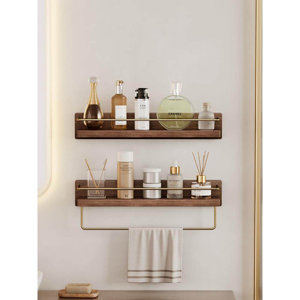 黑胡桃实木免打孔浴室化妆品置物架卫生间厕纸壁挂式毛巾收纳架