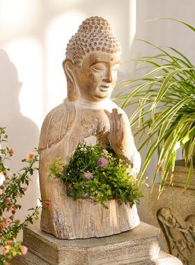 庭院佛像花盆创意户外中式仿木雕禅意花园阳台装饰摆件造景布置
