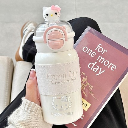 日本进口可爱hellokitty猫吸管杯高颜值学生便携316不锈钢保温杯