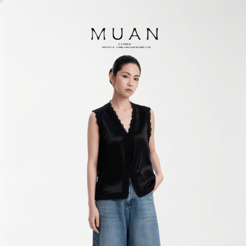 木岸muan旋律醋酸马甲夏季百搭V领无袖醋酸蕾丝马甲女X-YJ-25242