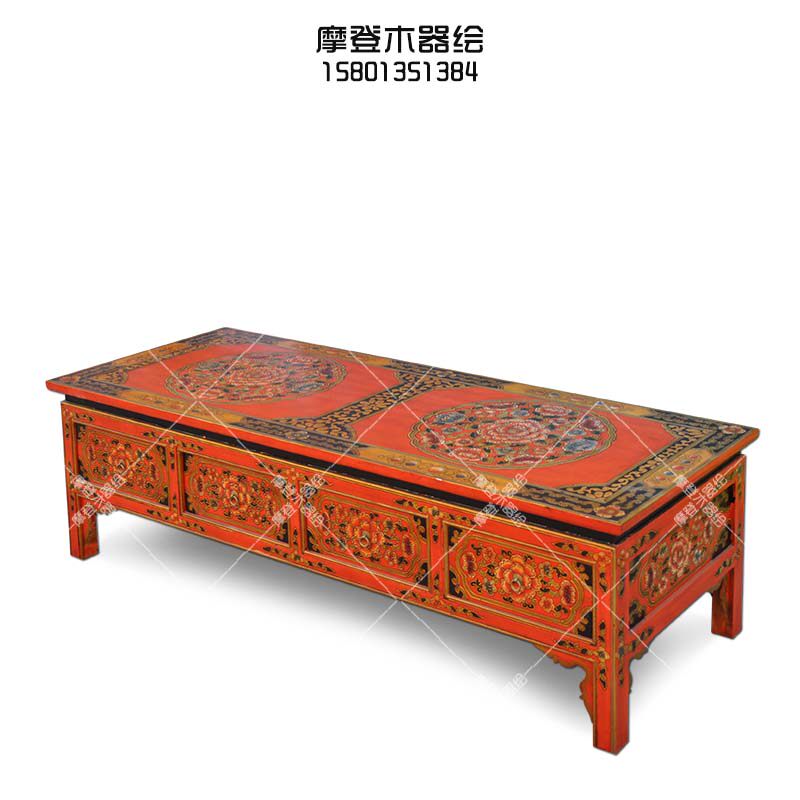 藏式彩绘茶几客厅茶桌装饰桌方桌简约仿古餐桌中式实木家具做旧