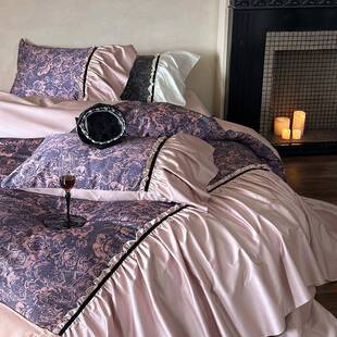 法式复古风纯棉四件套全棉100S长绒棉荷叶边被套田园花卉床上用品