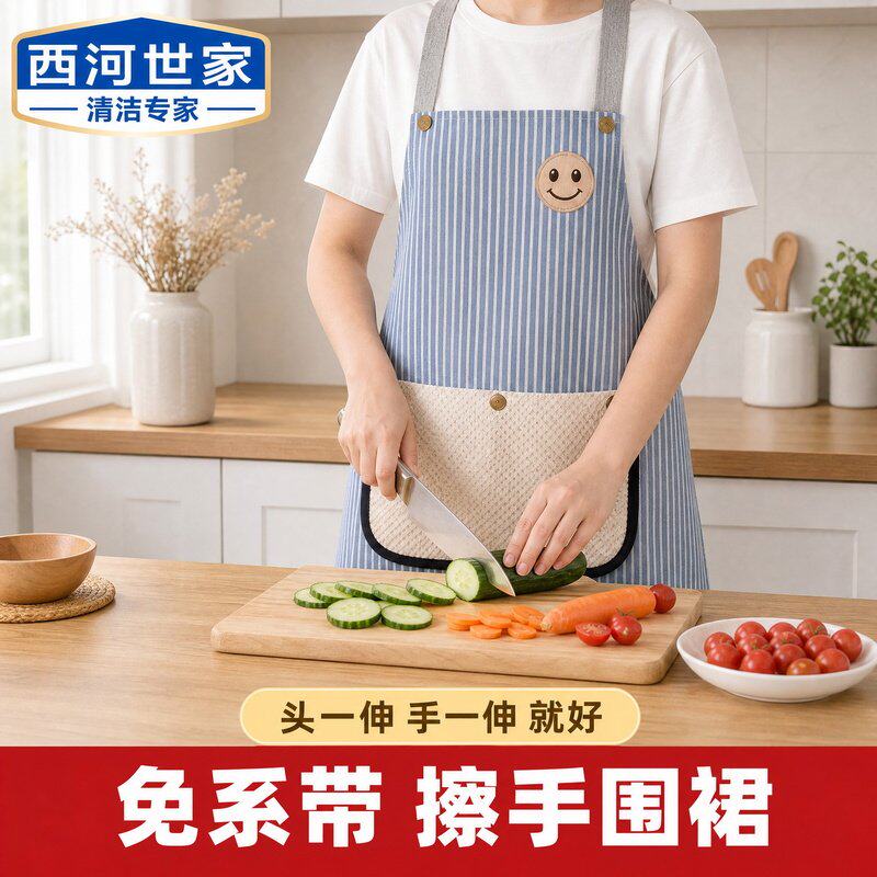姜妍同款笑脸条纹可擦手围裙厨房防污防油交叉双肩背带家用做饭时
