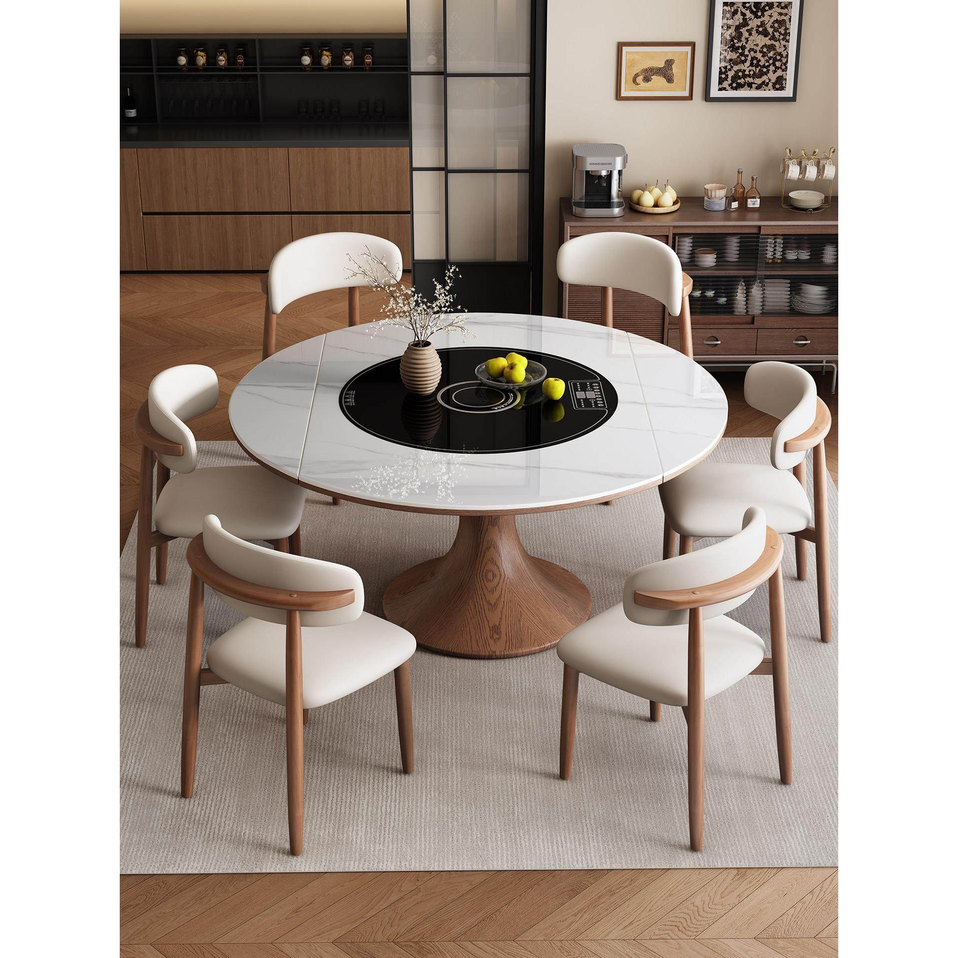 岩板餐桌电磁炉电动转盘多功能家用圆形饭桌伸缩折叠实木可变圆桌