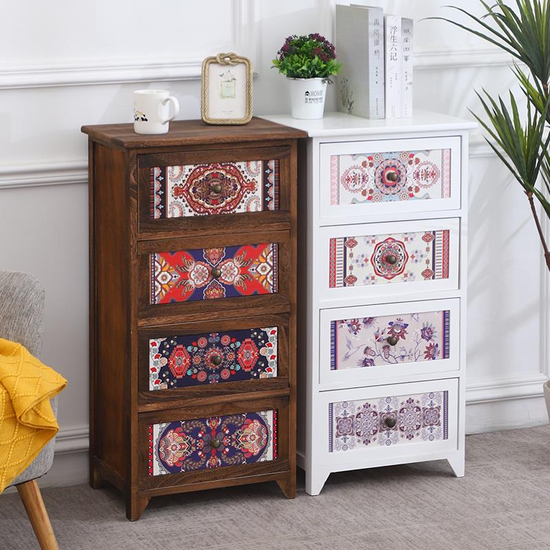黑胡桃木斗柜收纳柜实木彩绘客厅储物柜小型复古卧室床头柜45cm宽