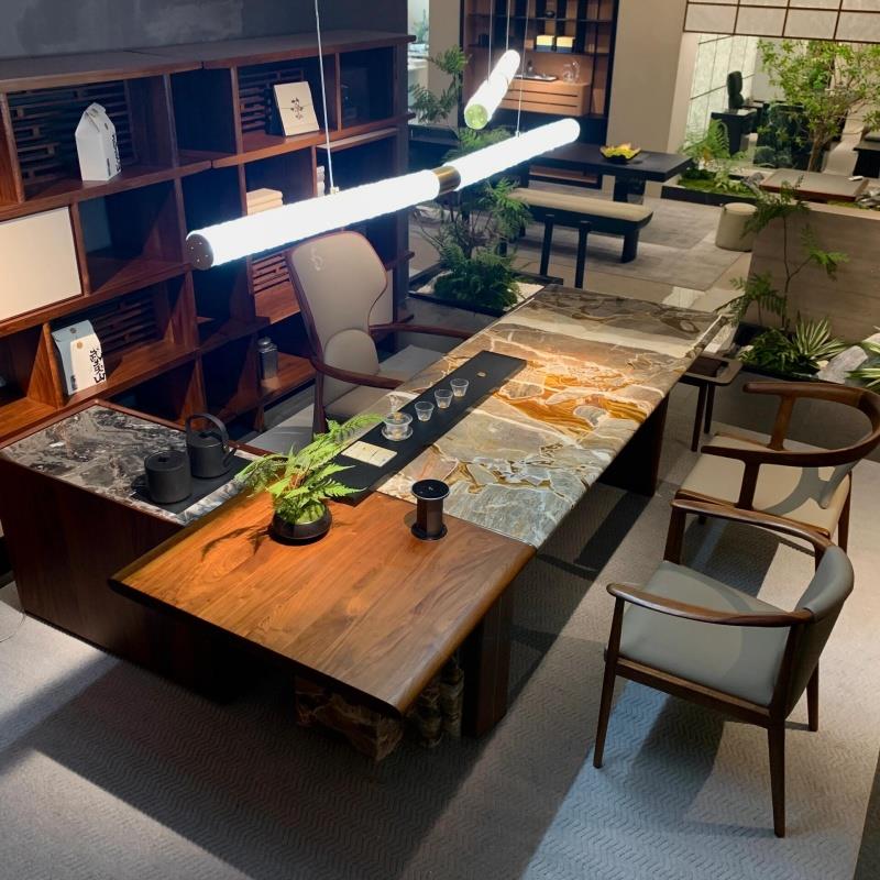 意式极简天然大理石茶台实木茶桌轻奢现代高级感客厅茶室家用茶几