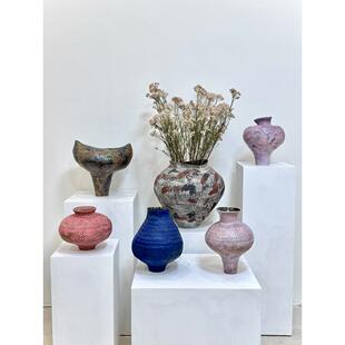 手工卷曲粘土陶瓷花瓶陶器Wabi-Sabi美学高档紫色新中国风覆古粗