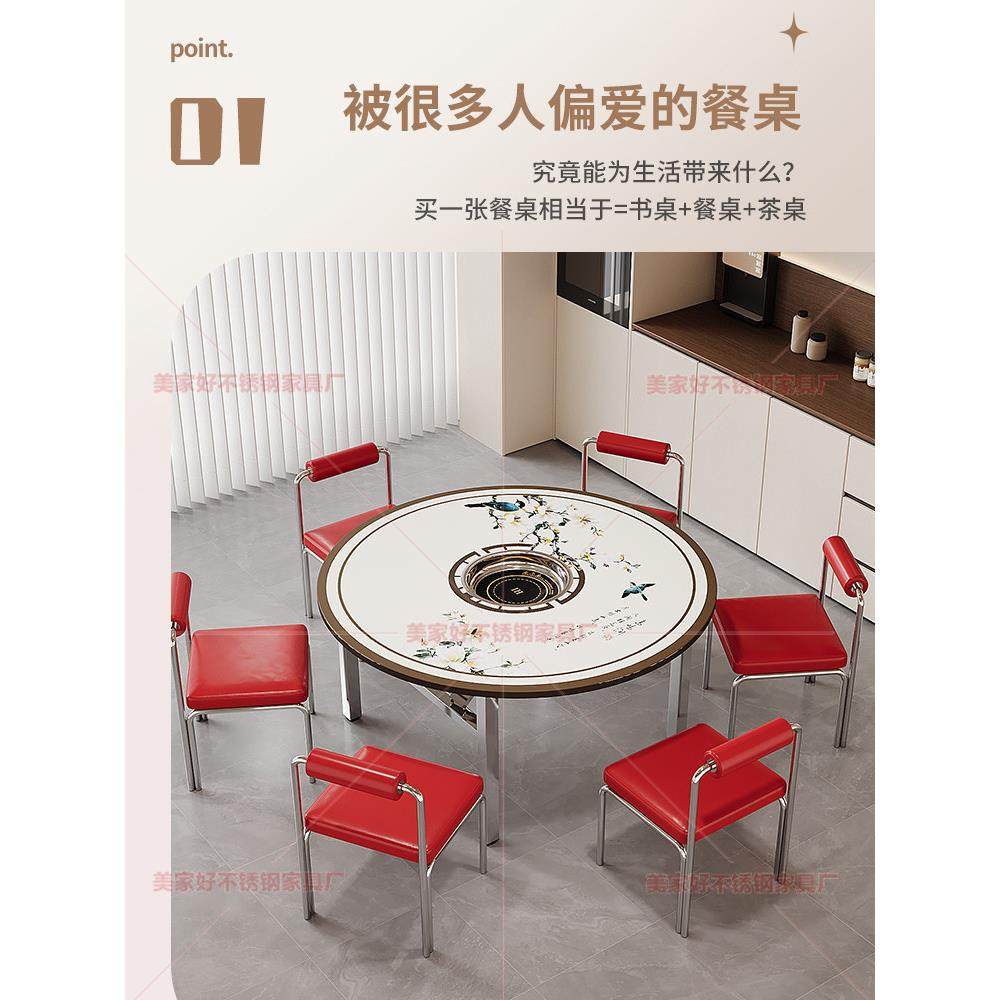 加厚彩色图片不锈钢圆桌加厚商业餐桌电磁炉火锅集成折叠桌家庭餐