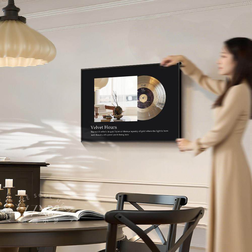 黑胶唱片镜子画饭厅装饰画客厅镜面挂画中古风高级感卧室桌面摆画