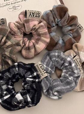 秋冬新品简约格纹复古格子大肠发圈学院甜美丸子头百搭头饰发绳