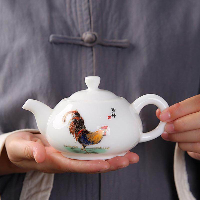 德化白瓷茶壶复古陶瓷小茶壶带过滤单壶泡茶家用办公茶具金鸡报喜