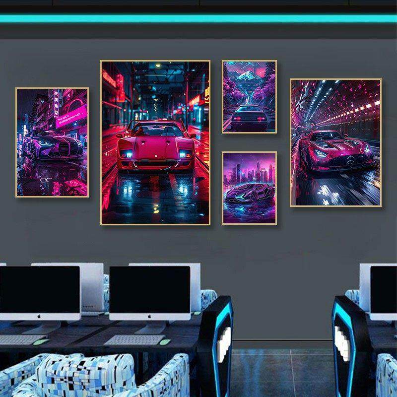 赛博朋克汽车装饰画霓虹灯发光汽车主题网吧挂画男孩电子竞技室背