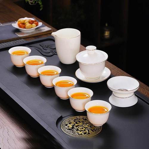 羊脂玉白瓷茶具套组高档轻奢功夫茶杯办公室盖碗泡茶杯精品茶道