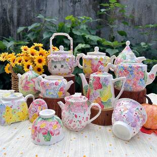 景德镇高温釉烧下彩手绘清新万花卉濑户烧泡茶壶公道杯提梁陶瓷壶