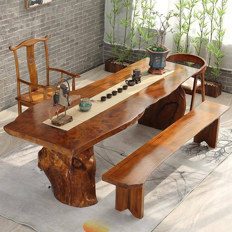 办公室会客实木大板桌接待室自然边原木茶桌 新中式家用实木茶桌