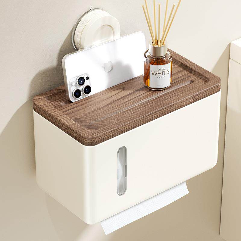 胡桃木吸盘防水纸巾盒壁挂式免打孔卫生间厕所厕纸盒抽卷纸置物架