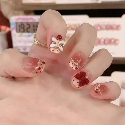 醒狮穿戴甲2026新款短款美甲学生党显白高颜值红色可爱蝴蝶结立体