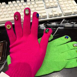 手套女士冬钻石灭霸绿色手套带钻豪华美甲宝石彩色钻石diy针织手