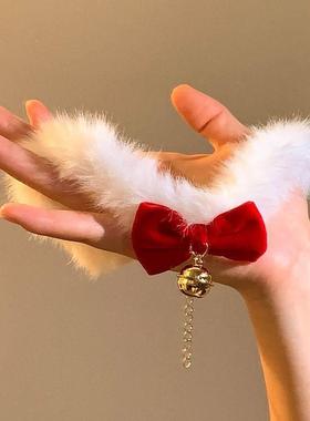 万圣配饰项链新年圣诞红色蝴蝶结毛绒项链女节日氛围感choker颈链