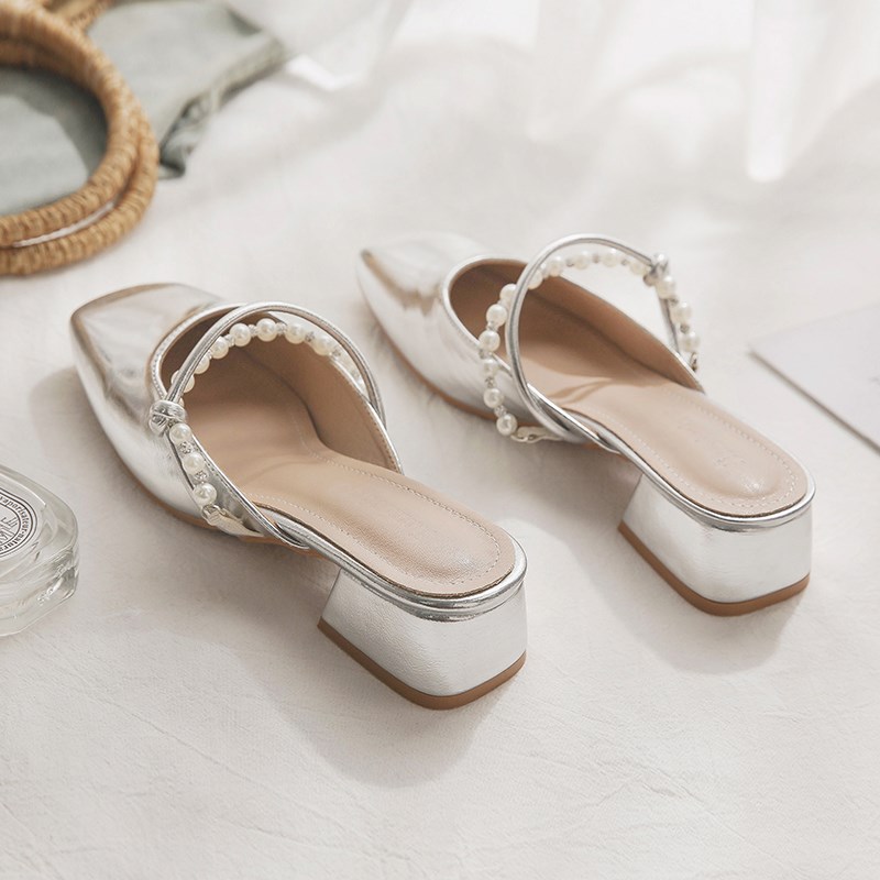 羊皮版~无后跟懒人一脚蹬银色y配裙子粗跟包头半拖鞋女夏外穿时尚