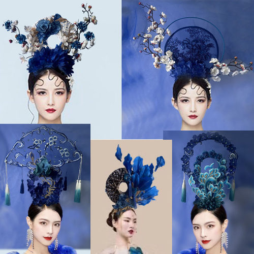 中国风青花瓷蓝色国潮古风走秀模特比赛摄影夸张彩妆造型头饰发饰