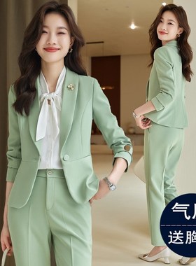 果绿色西装外套女秋冬季高级感正装工作J服气质女神范职业西服套