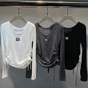 上衣收腰抽绳针织长袖 小众潮牌打底衫 V领短款 新款 T恤女 女2024春季