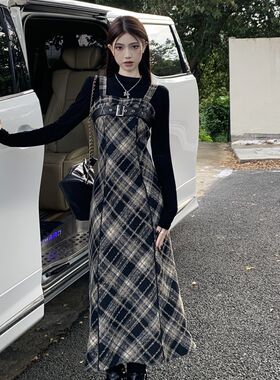 黑色富家千金套装裙酷飒内搭吊带连衣裙女秋冬裙套U装两件套长裙