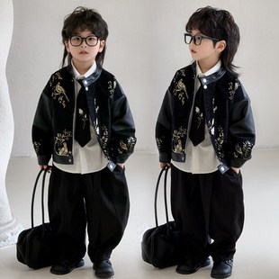 国风儿童皮夹克上衣炸街痞气洋气套装 2025春季 男童皮衣外套新中式