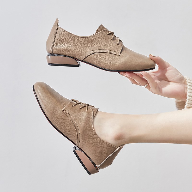 深口单鞋女粗f跟2024春季新款系带中跟工作鞋软皮真皮英伦风小皮