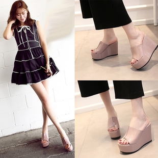 百搭鱼嘴女士高跟坡跟一字凉拖 女夏外穿时尚 2021新款 松糕厚底拖鞋